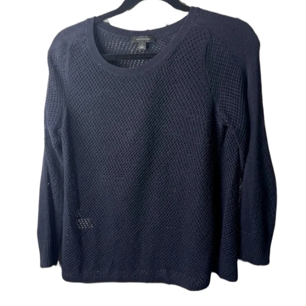 Ann Taylor Navy Open Knit Sweater Small Lightweight Coastal Chic Fisherman